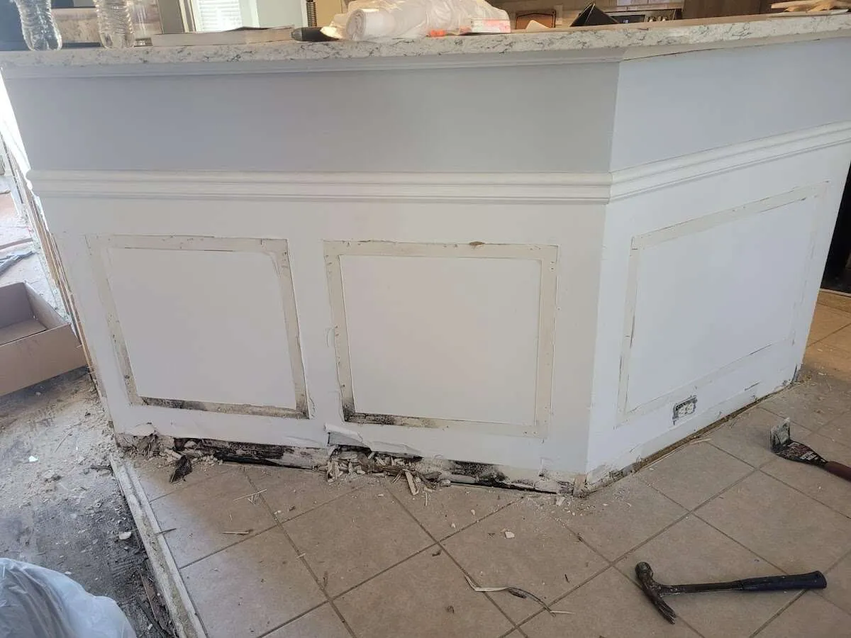 Water damage and mold on kitchen during Sewage Cleanup & Sanitation in Grenada